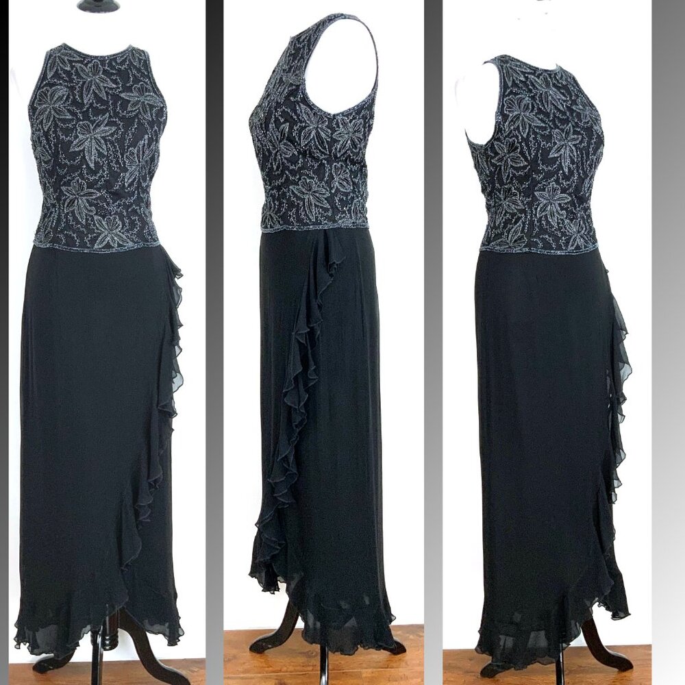 Vintage A.B.S. by Allen Schwartz Black Maxi Wrap Skirt Cascading Ruffles Sz 12 - Picture 5 of 16